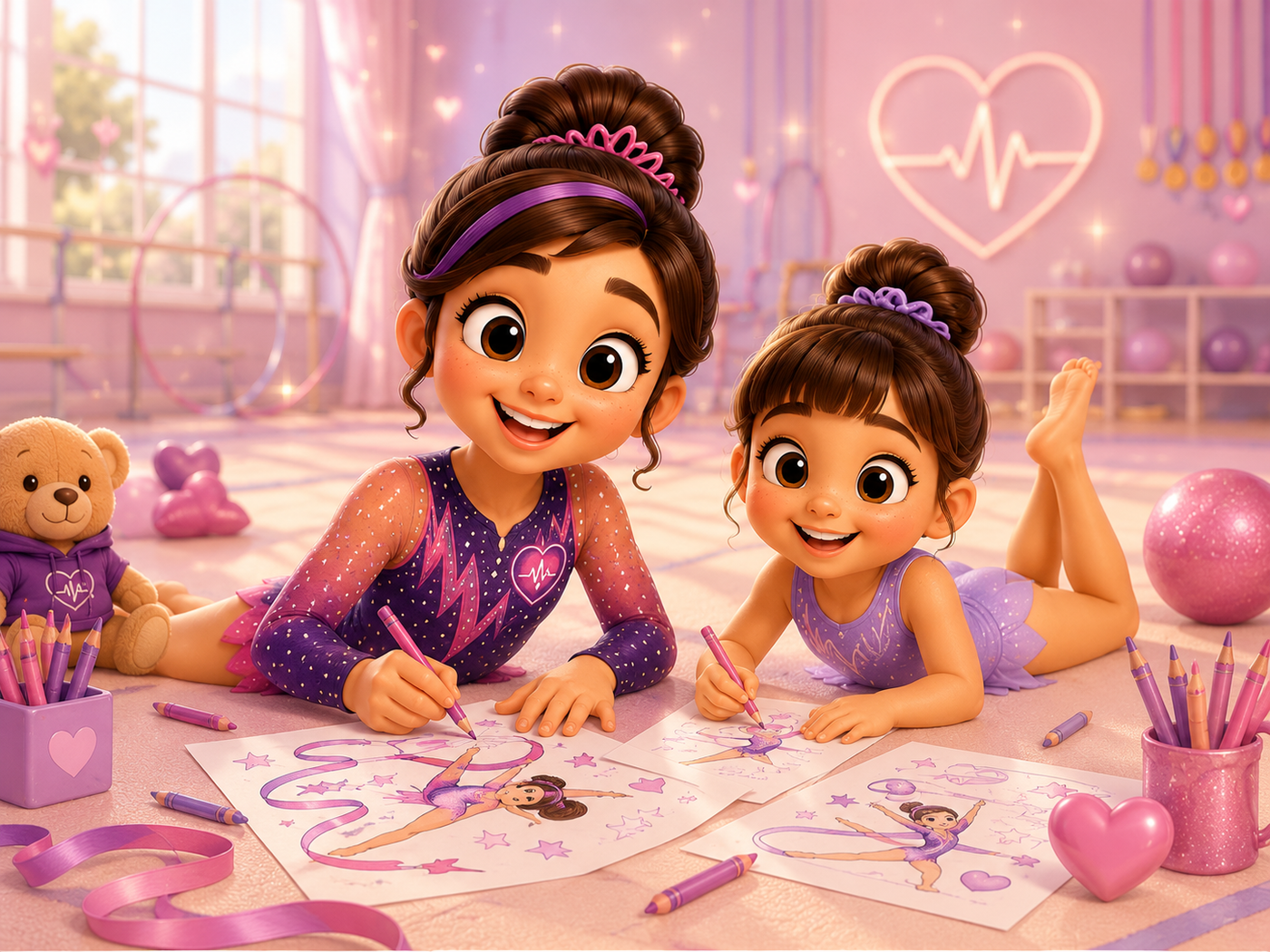 Pulsi coloreando dibujos de gimnasia rítmica con una niña