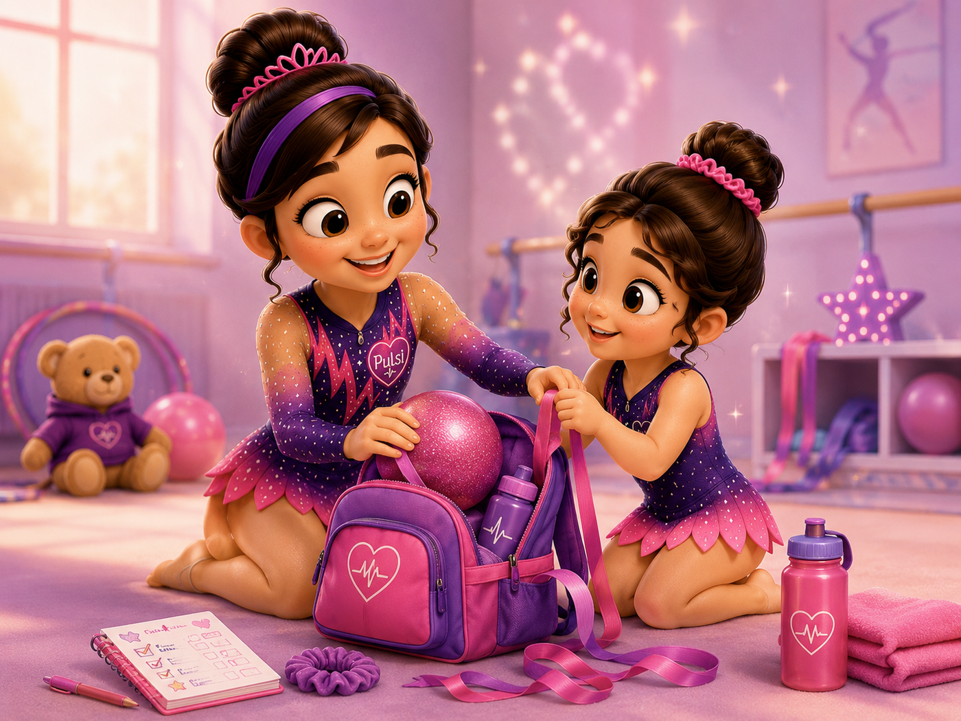 Pulsi preparando su bolso de entrenamiento con una niña gimnasta